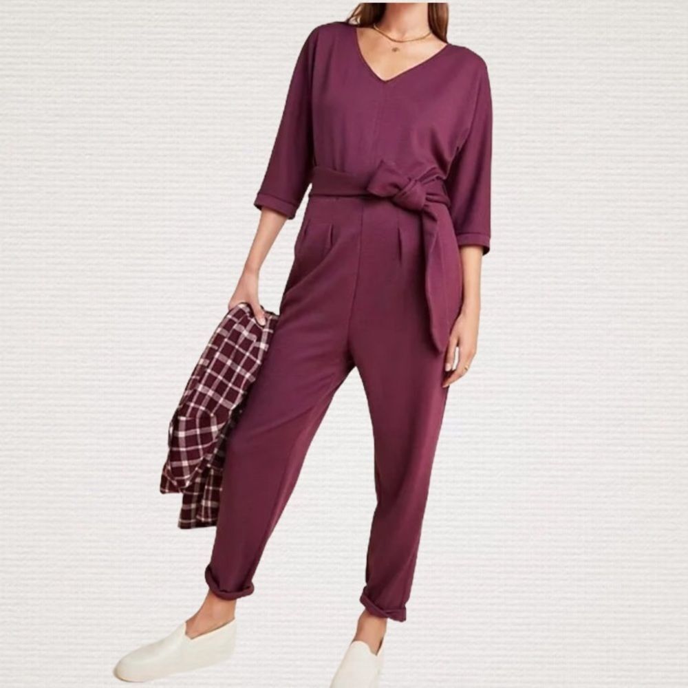 NWT Anthropologie Sutton‎ Deep V-neck Plum Knit Jumpsuit